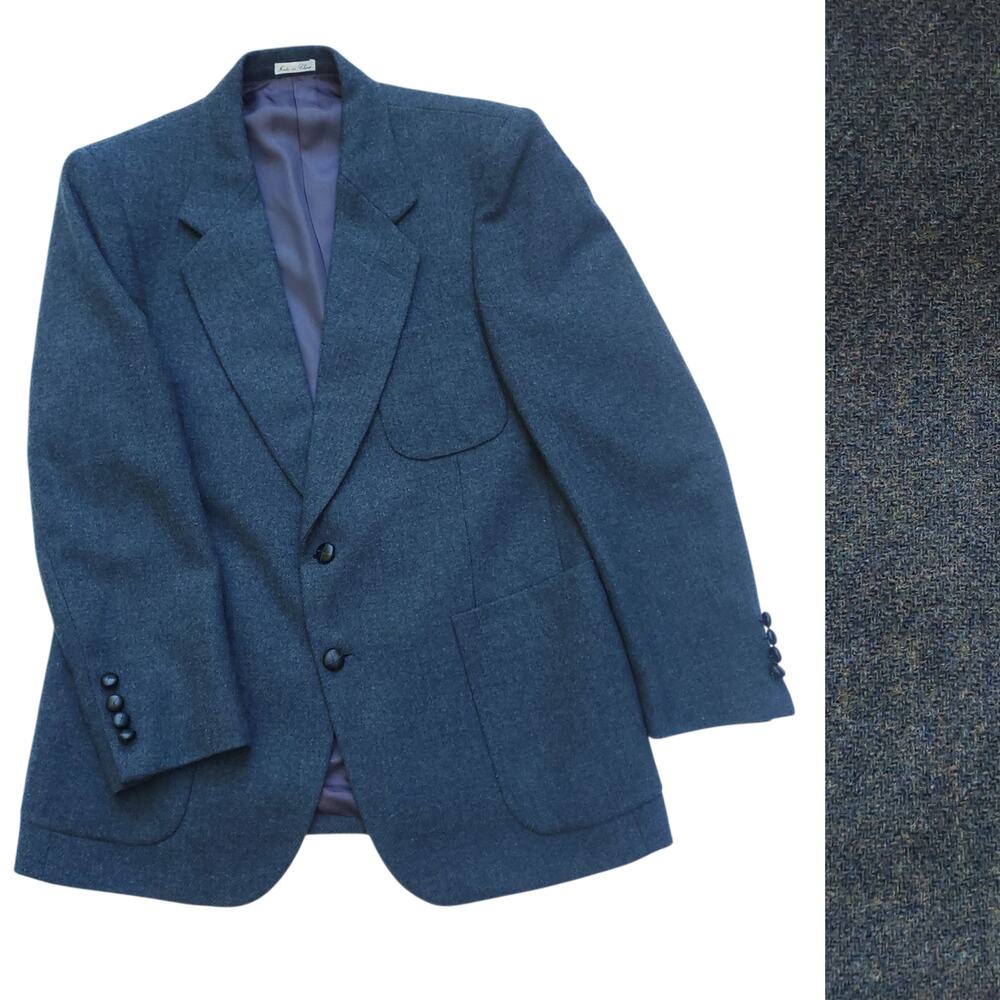 Vintage Today's Man Blue Green Tweed Wool Blazer Jacket Coat Wooden Button 40R